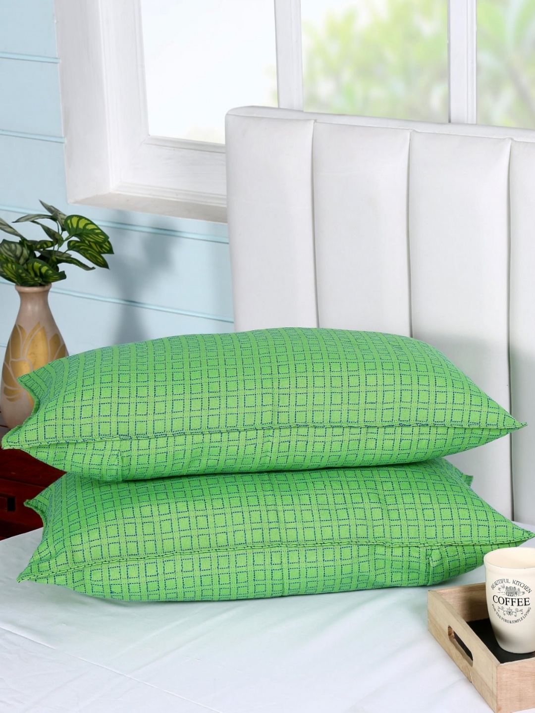 

RANGBHAR Green & Blue 2 Pieces Checked Pure Cotton Rectangle Pillow Covers