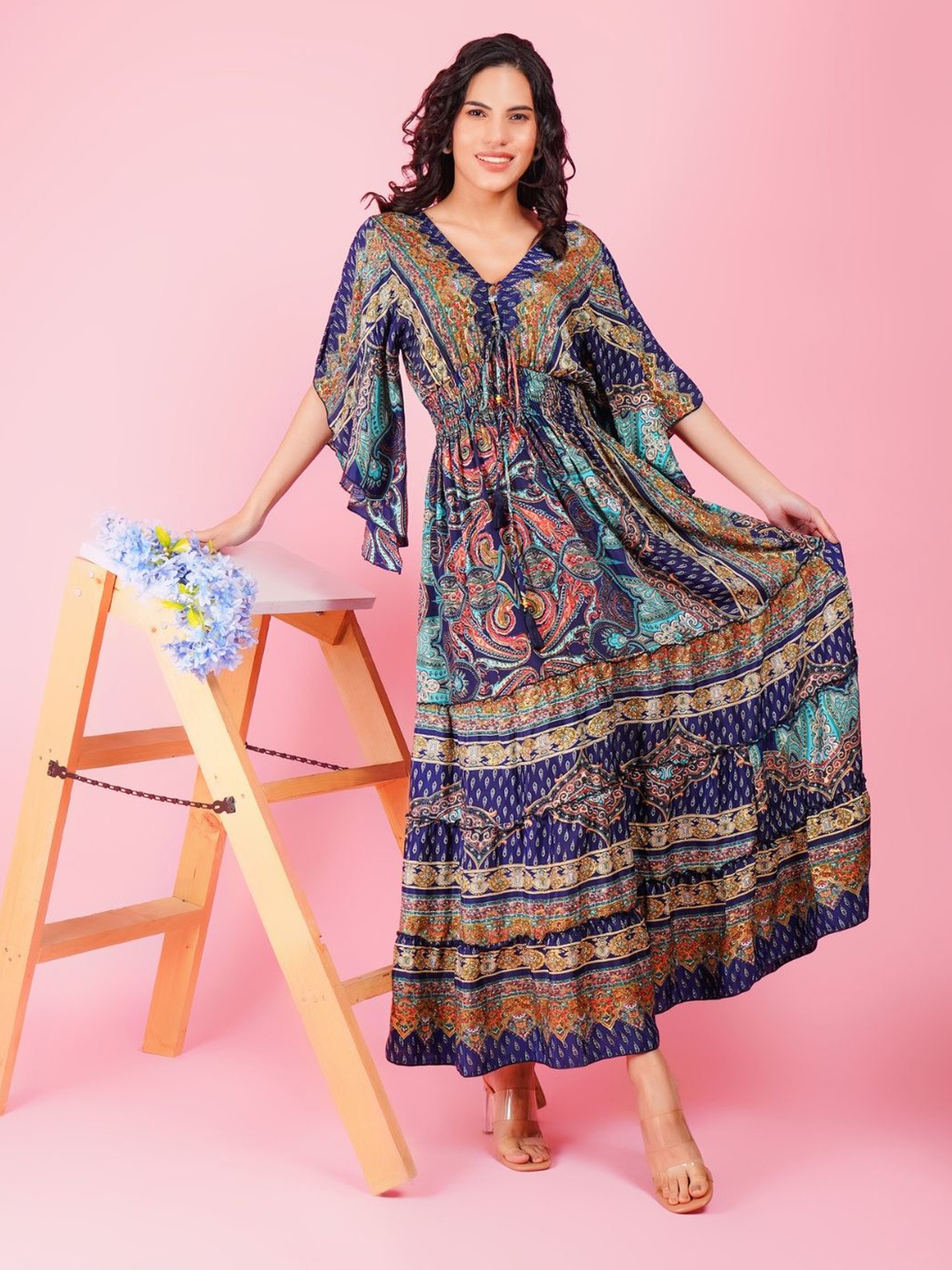 

Boholyfe Bohemian Print Flared Sleeve A-Line Maxi Dress, Navy blue