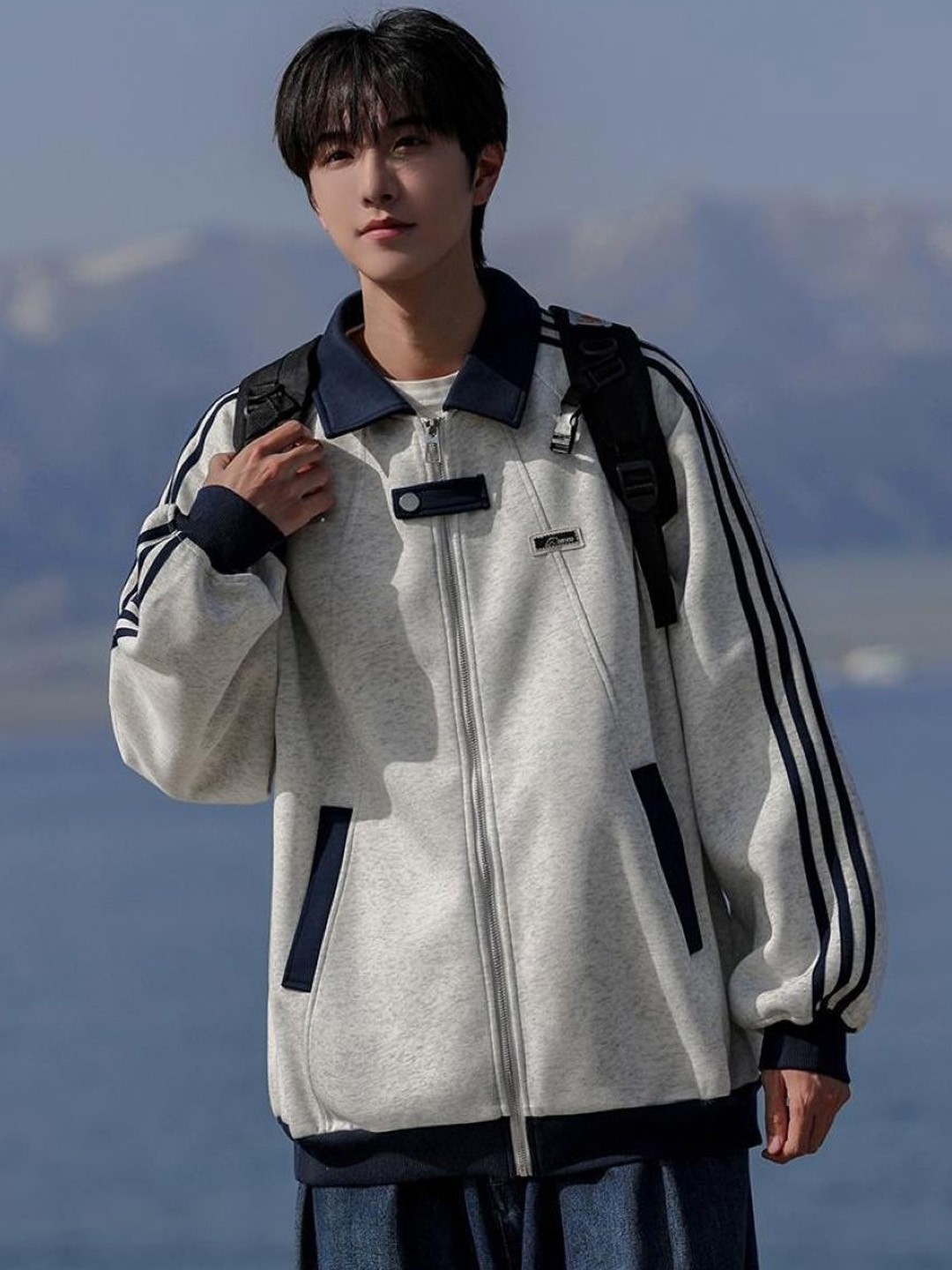 

HERE&NOW Men Spread Collar Striped Casual Bomber Jacket, White