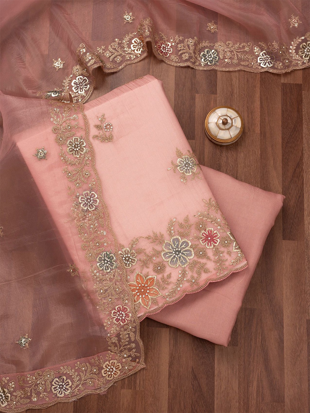 

Koskii Floral Embroidered Sequinned Unstitched Dress Material, Peach