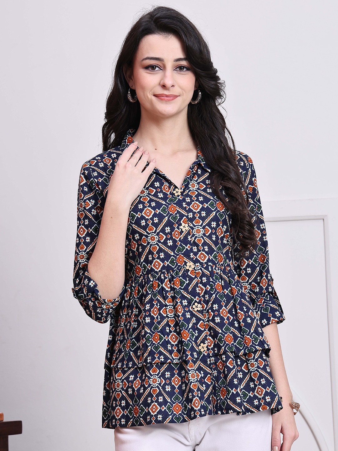 

Roly Poly Women Ethnic Motifs Printed Ethnic Cotton Top, Navy blue