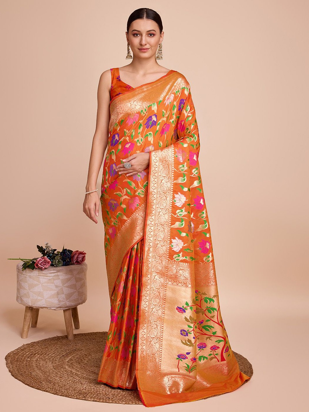 

SHOBHA SAREES Woven Design Zari Pure Silk Paithani Saree, Orange