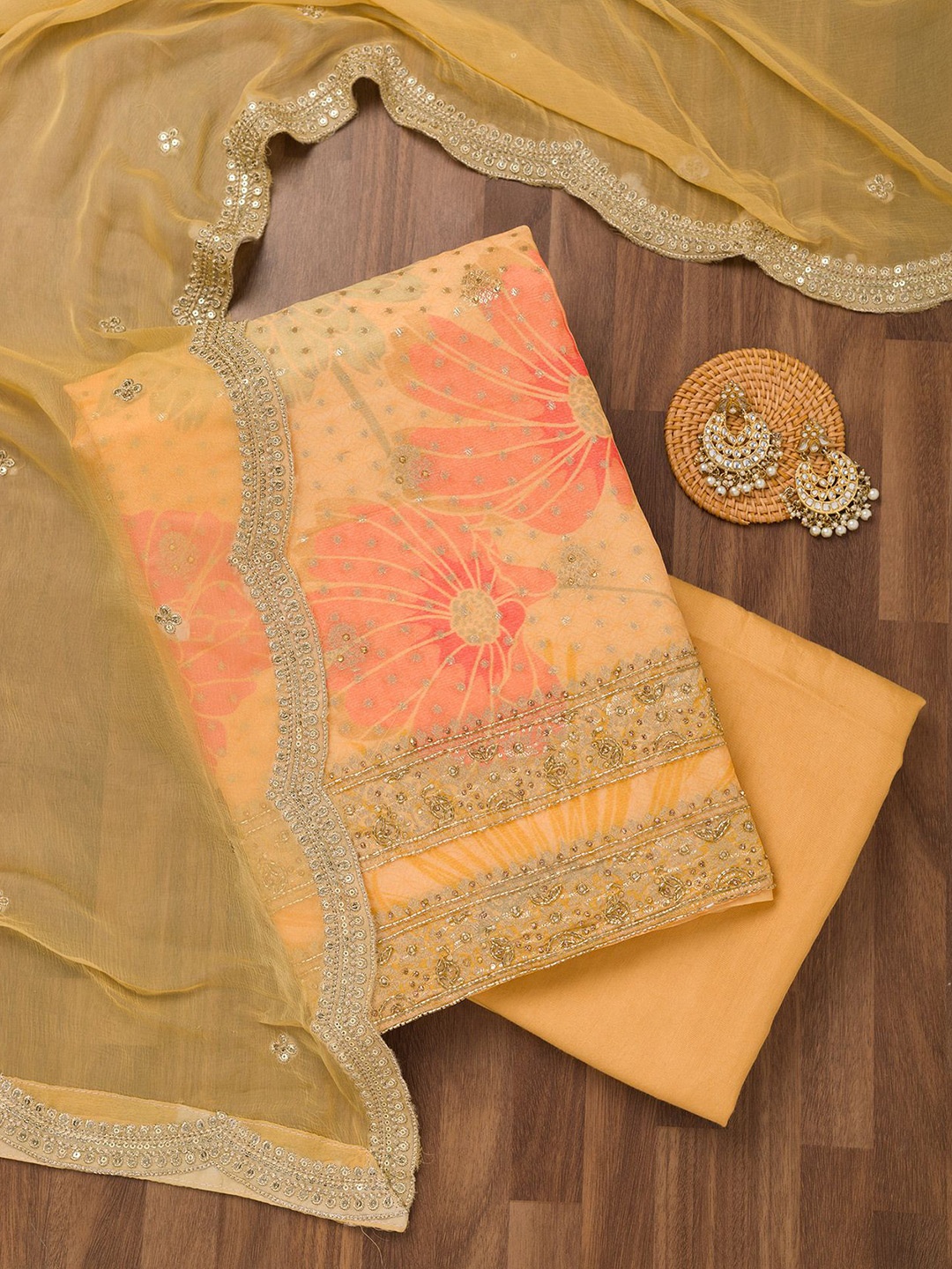 

Koskii Embellished Crepe Unstitched Dress Material, Yellow