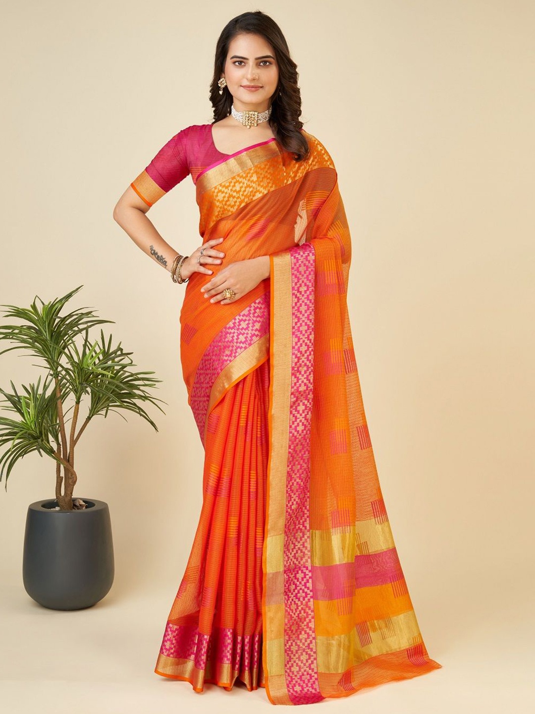 

LEOSAGI Woven Design Zari Silk Cotton Kota Saree, Orange