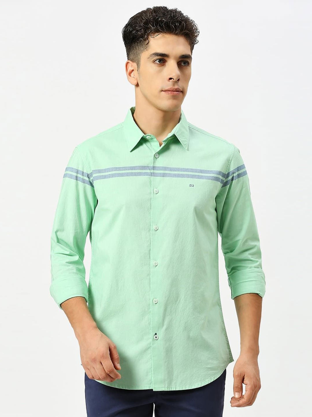 

Basics Men Slim Fit Striped Cotton Casual Shirt, Sea green