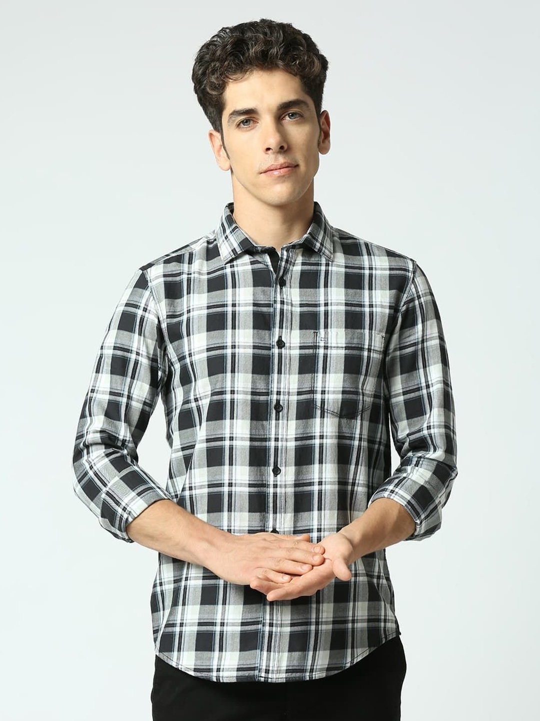 

Basics Men Slim Fit Tartan Checked Pure Cotton Casual Shirt, Black