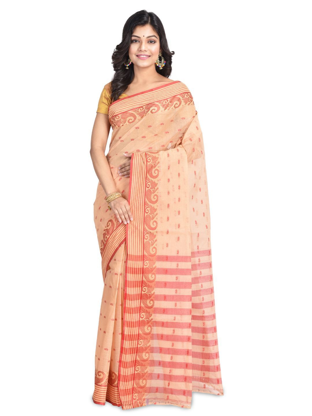 

RAJ SAREE HOUSE Ethnic Motifs Pure Cotton Taant Saree, Brown