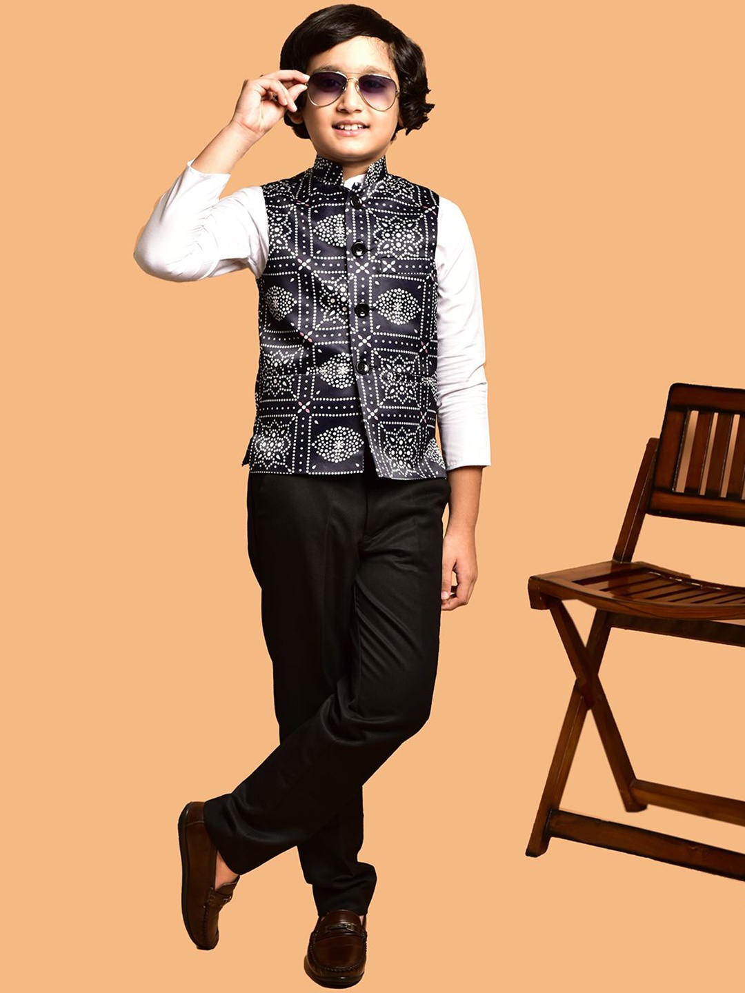 

PRINTINDIA Boys Printed Mandarin Collar Nehru Jacket, Black