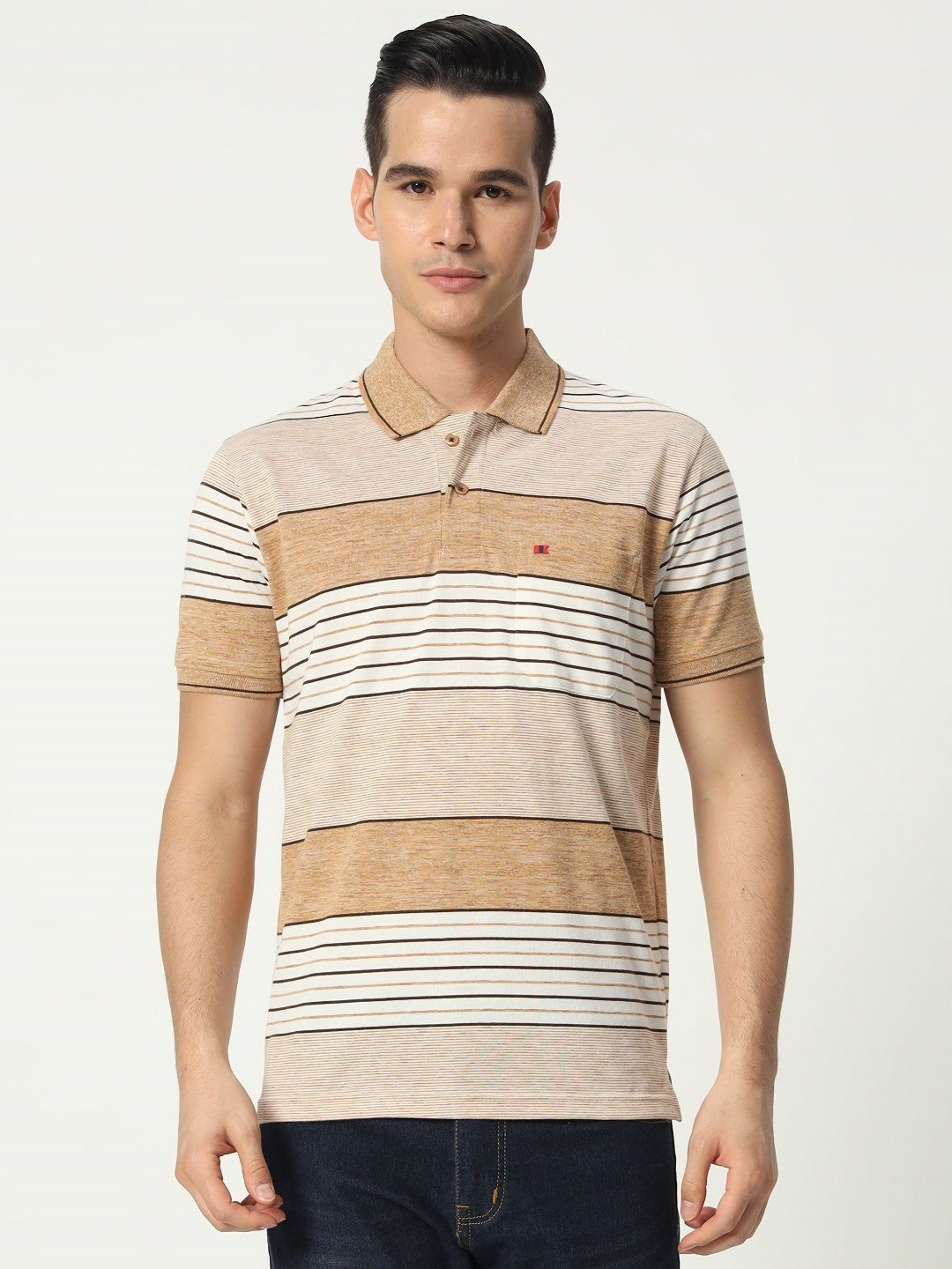 

TAB91 Men Striped Polo Collar Cotton T-shirt, Beige