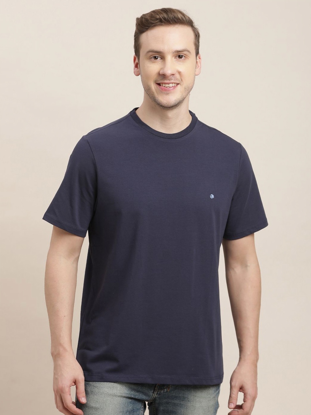 

Turtle Men Solid Round Neck Cotton Slim Fit T-shirt, Navy blue