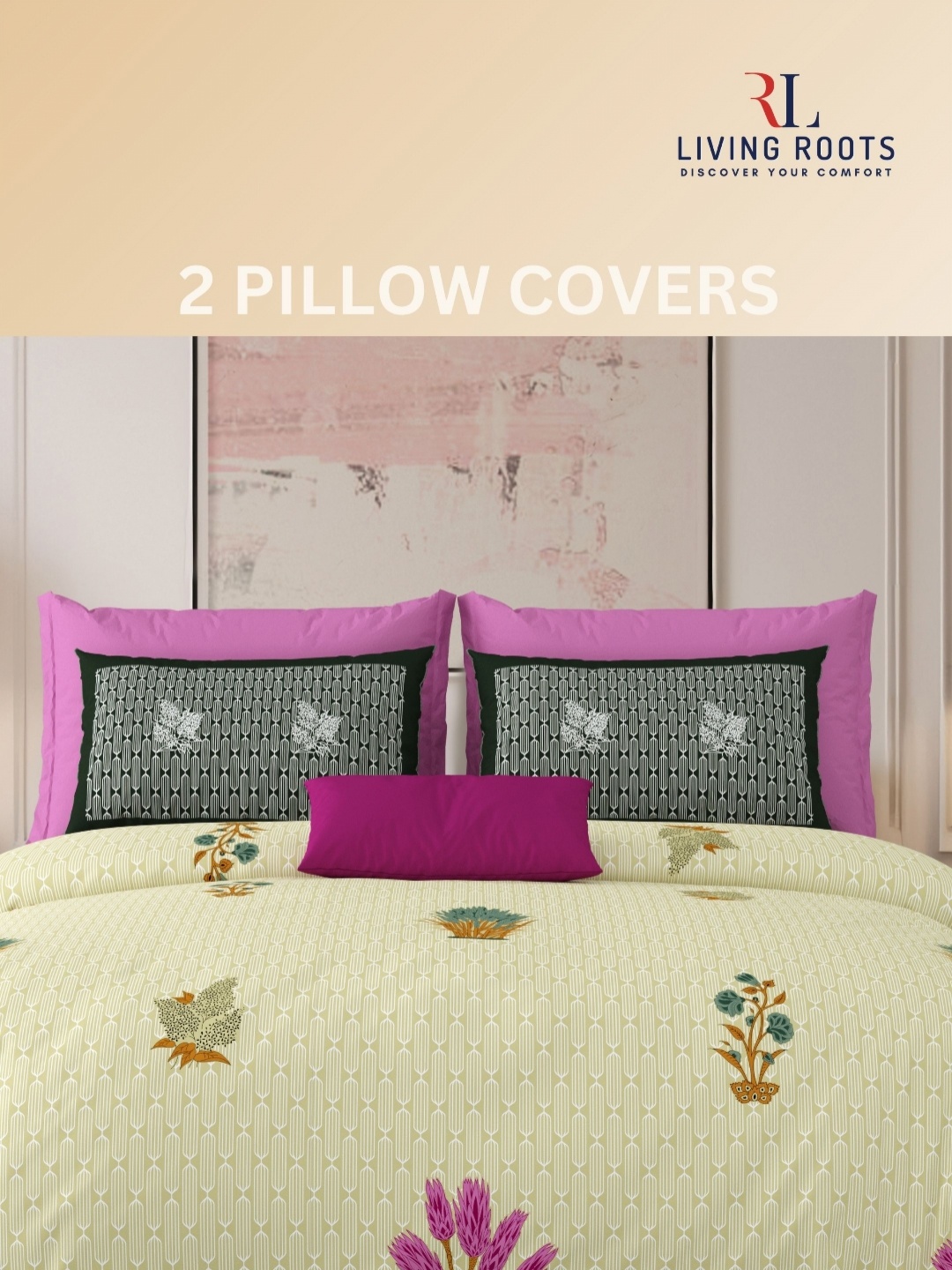 

LIVING ROOTS Yellow & Pink Floral 210 TC Pure Cotton King Bedsheet Set 2.64 m x 2.64 m