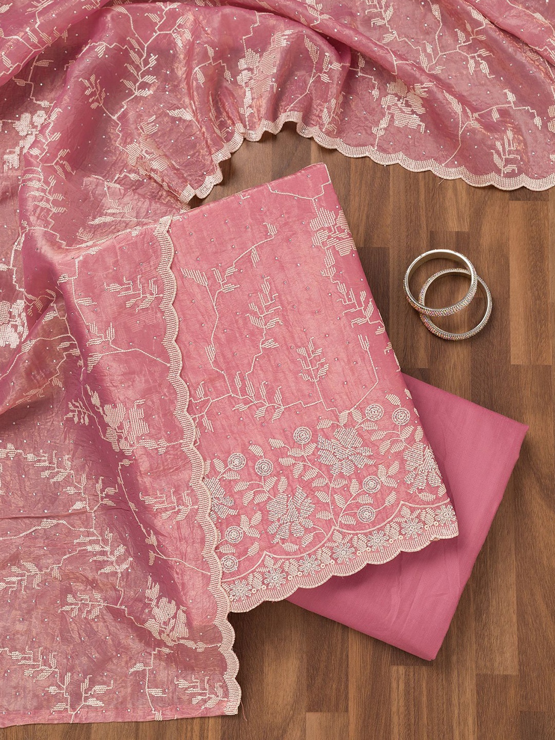 

Koskii Floral Embroidered Sequinned Unstitched Dress Material, Pink