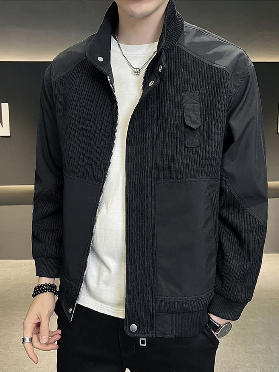 

HERE&NOW Men Spread Collar Self Design Casual Bomber Jacket, Black