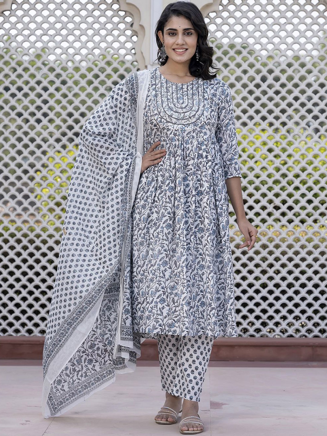 

KALINI Floral Printed Thread Work Pure Cotton Anarkali Kurta With Trouser & Dupatta, Grey