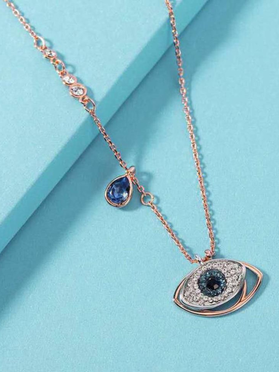 

Wynona Rose Gold-Plated Stainless Steel Stone Studded Evil Eye Shaped Pendant & Chain