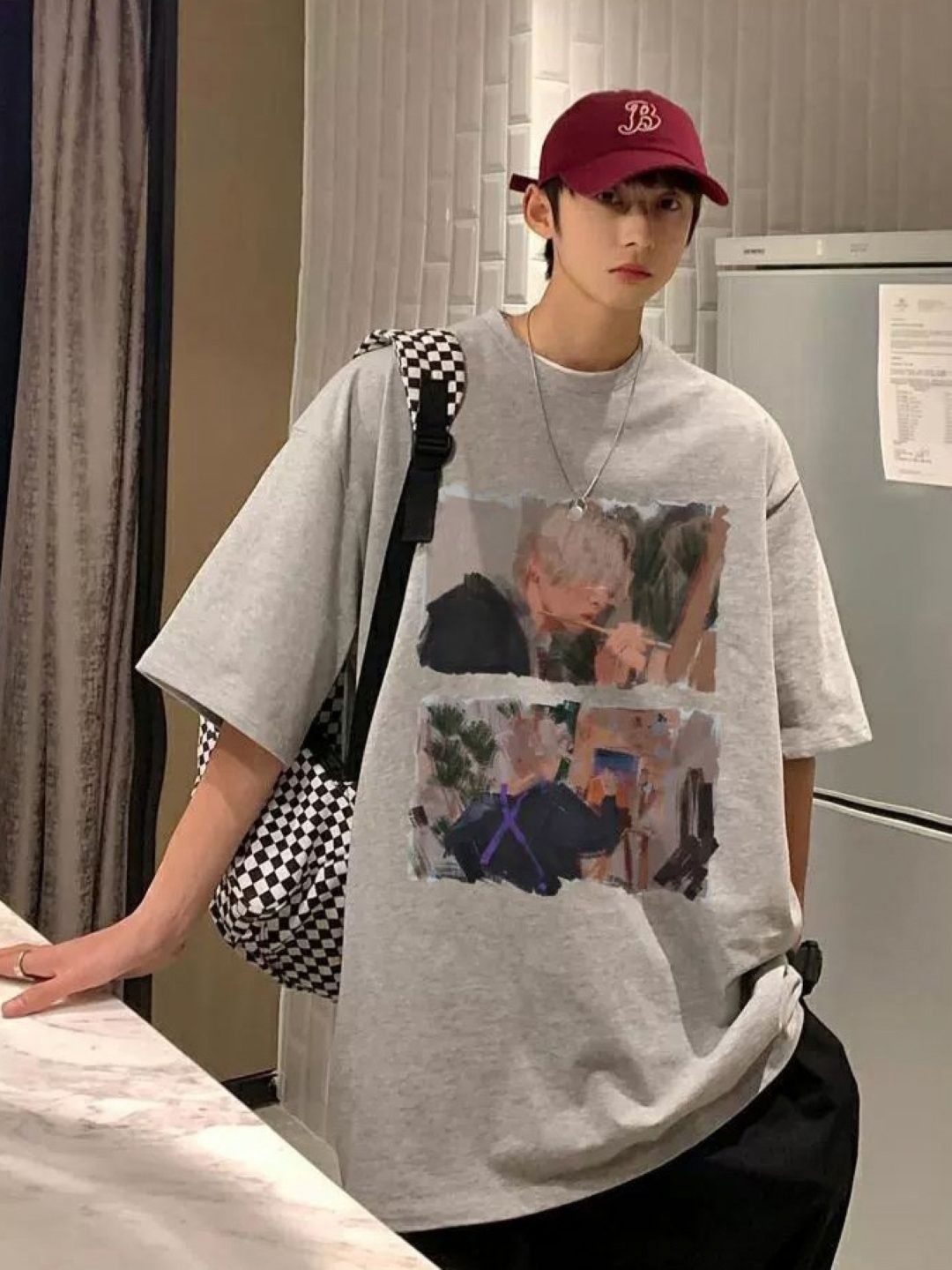 

HERE&NOW Men Graphic Printed Round Neck Cotton Oversized T-shirt, Grey