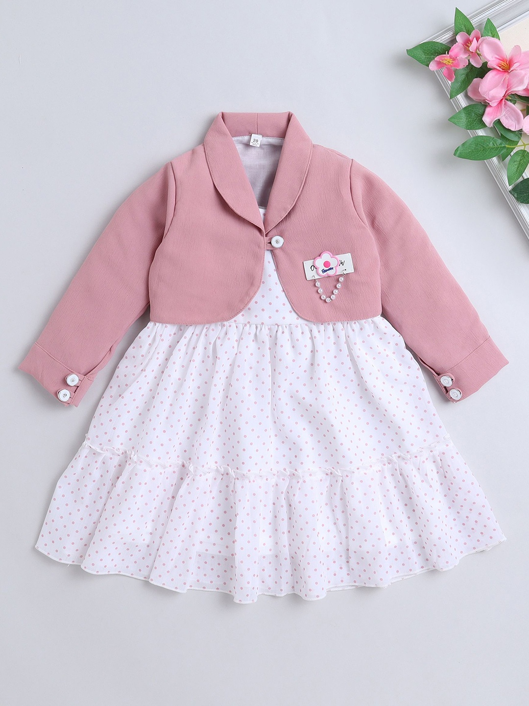 

The Magic Wand Girls Polka Dot Printed Fit & Flare Dress With Jacket, Pink