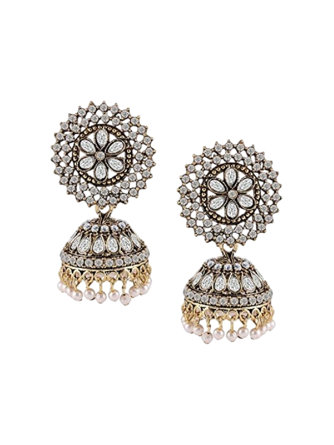 

JMBW INTERNATIONAL Gold-Plated Dome Shaped Stone Studded Antique Jhumkas, White