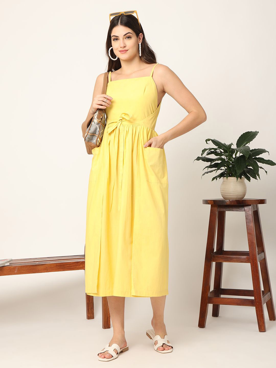 

DESI VOGUE Organic Cotton A-Line Midi Dress, Yellow