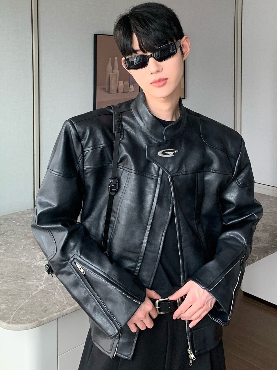 

HERE&NOW Men Mandarin Collar Solid Leather Casual Leather Jacket, Black