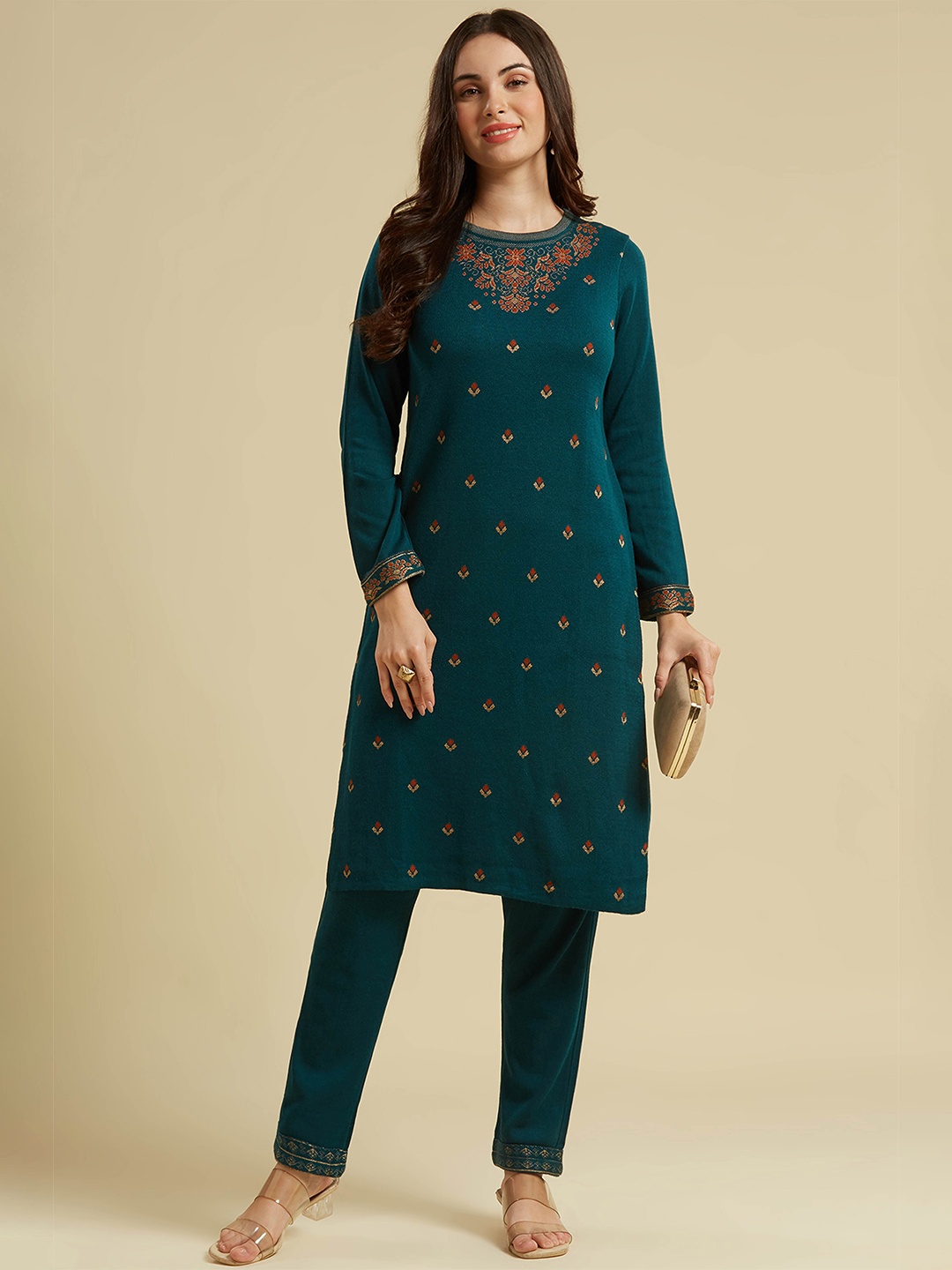 

Peachmode Floral Woven Design Woollen Straight Kurta, Teal