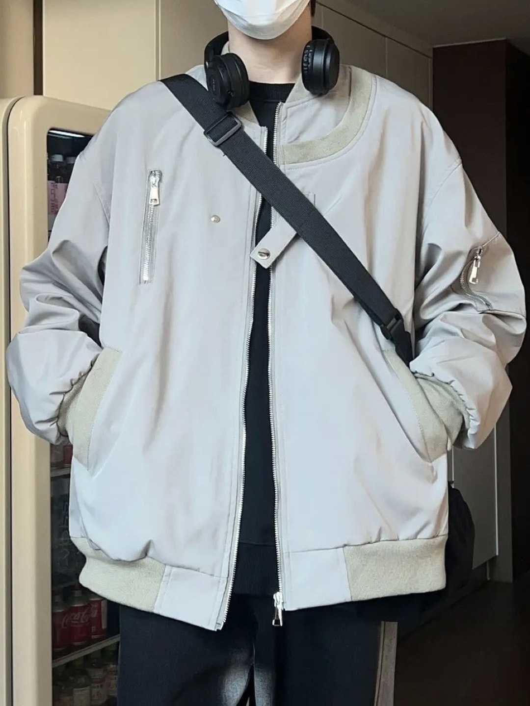 

HERE&NOW Men Stand Collar Solid Casual Bomber Jacket, Beige