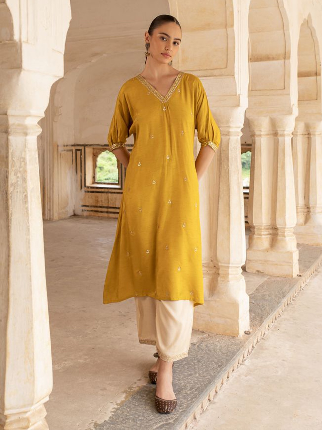 

KARAJ JAIPUR Ethnic Motifs Embroidered Gotta Patti Chanderi Cotton Kurta With Trouser, Mustard