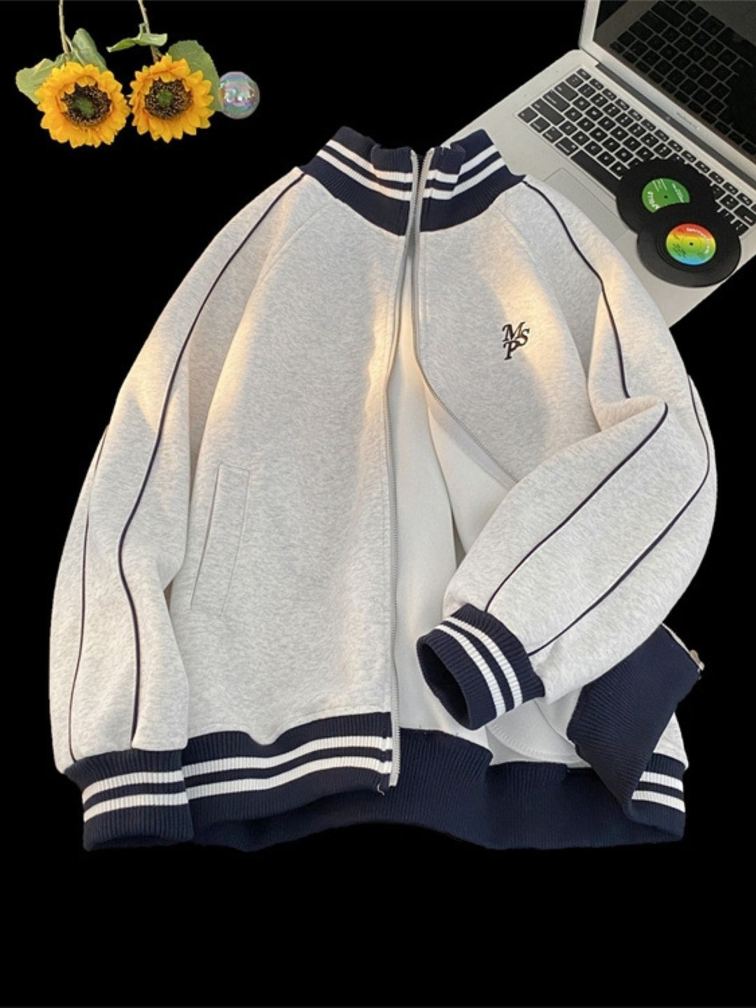 

HERE&NOW Men Mock Collar Striped Casual Bomber Jacket, White