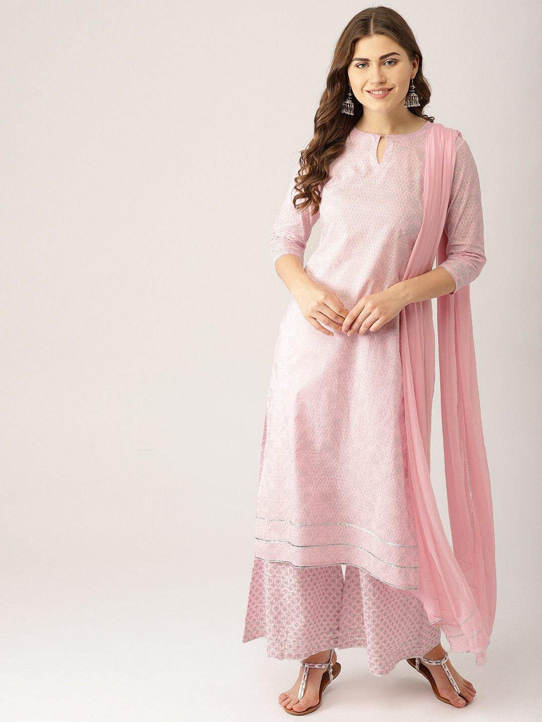 

TRENDSWILL Ethnic Motifs Printed Gotta Patti Straight Kurta With Palazzos & Dupatta, Pink
