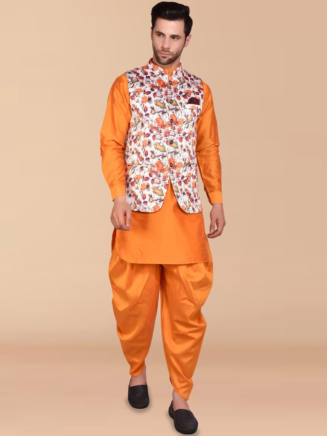 

PRINTINDIA Mandarin Collar Pure Silk Kurta with Dhoti Pants & Nehru Jacket, Orange