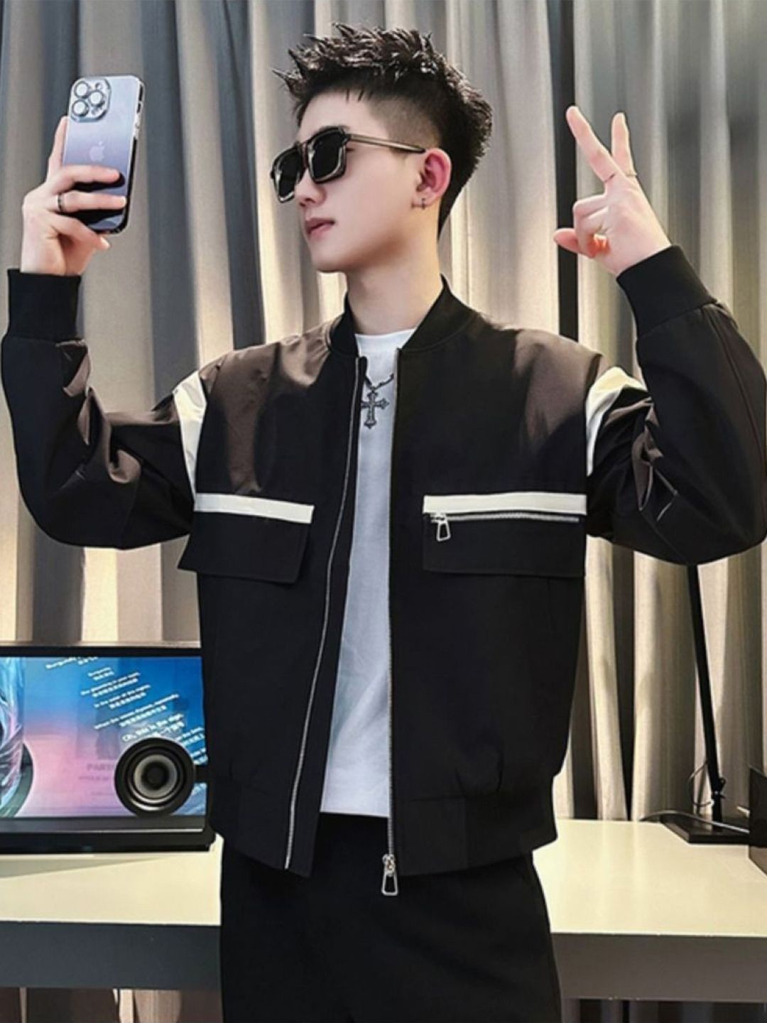 

HERE&NOW Men Stand Collar Solid Casual Bomber Jacket, Black