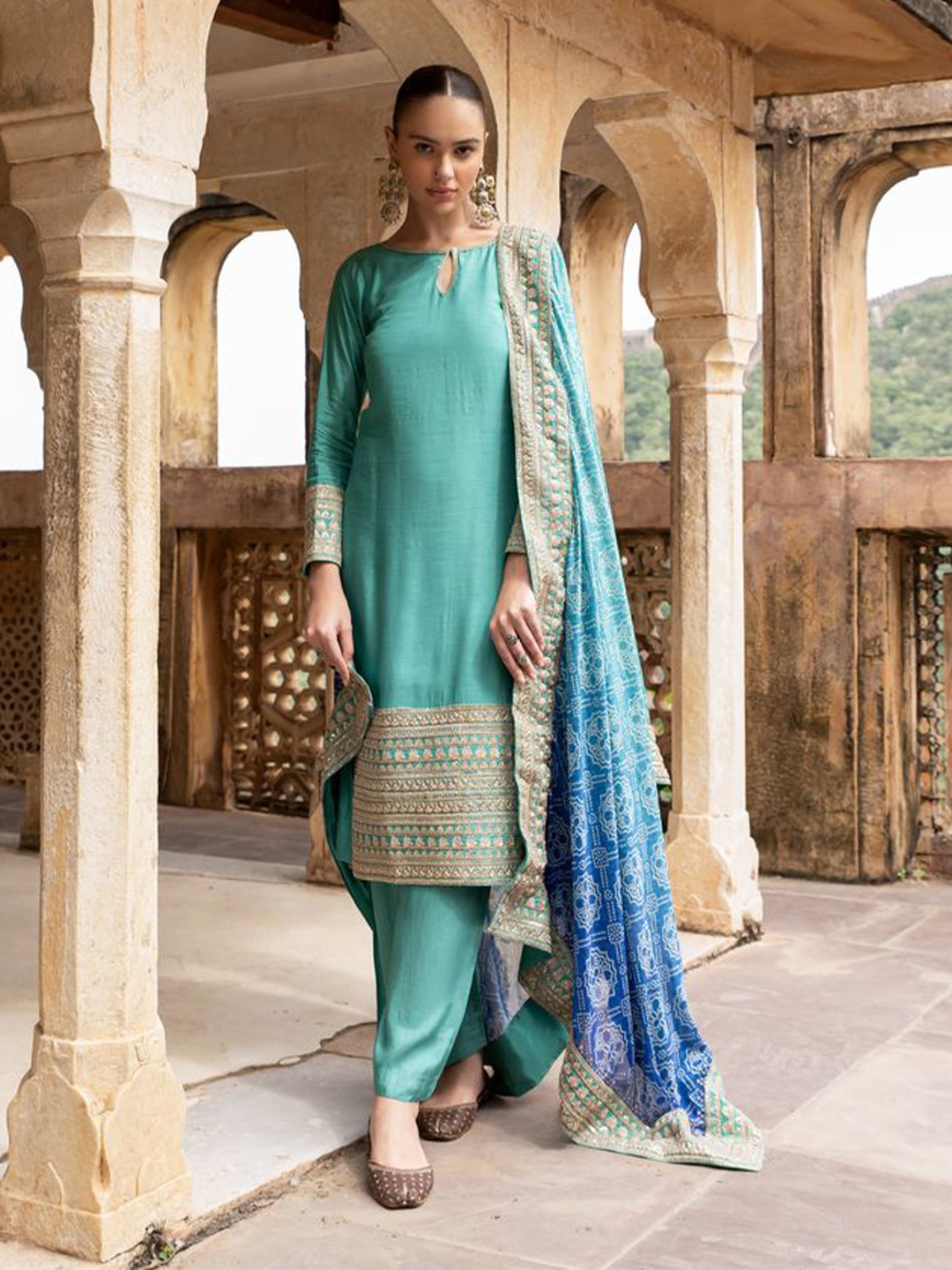 

KARAJ JAIPUR Ethnic Motifs Embroidered Chanderi Cotton Kurta with Trousers & Dupatta, Blue