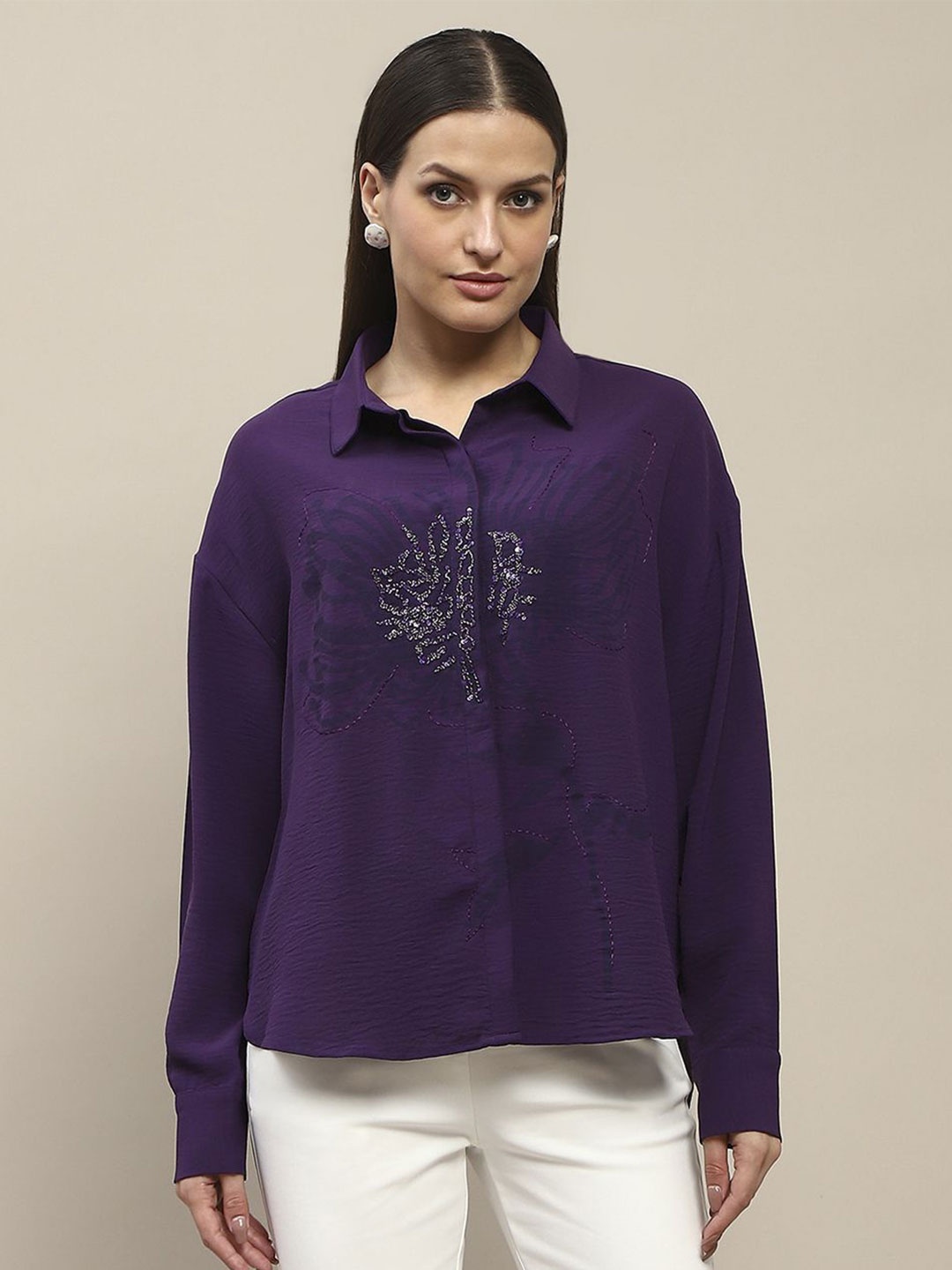 

Madame Women Opaque Embellished Casual Shirt, Purple