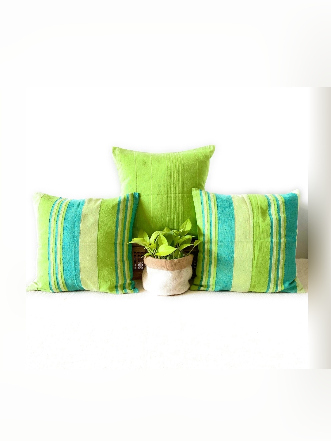

RANGBHAR Green & White 3 Pieces Striped Pure Cotton Square Cushion Covers