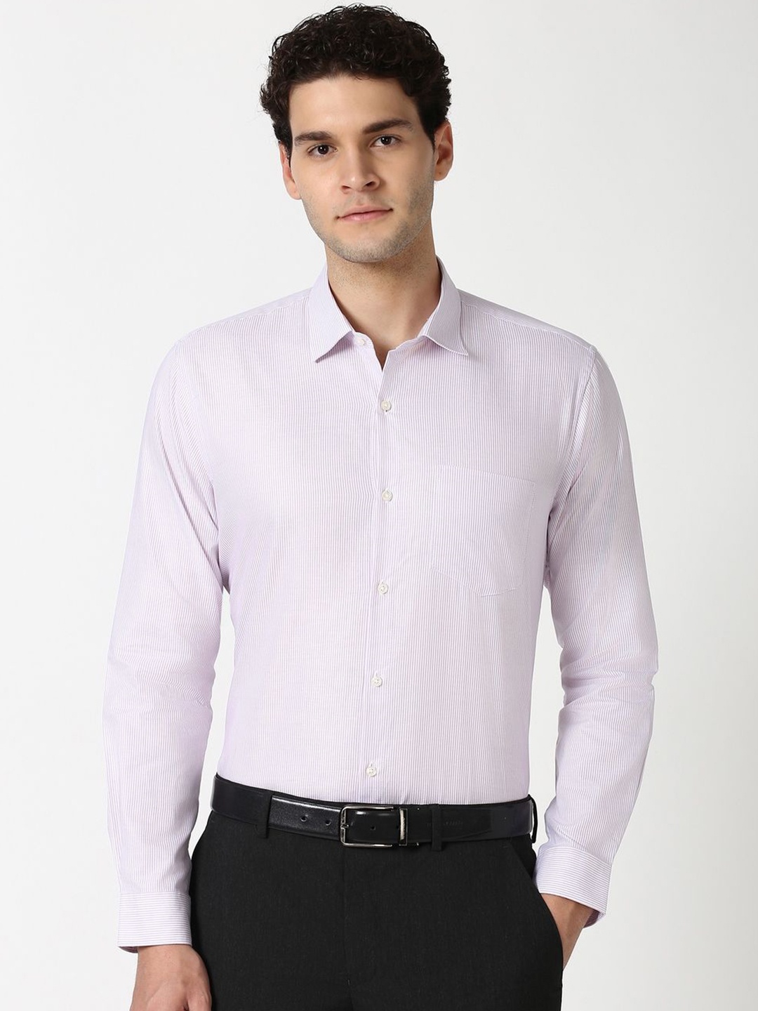 

Peter England Men Spread Collar Vertical Striped Cotton Slim Fit Formal Shirt, Lavender