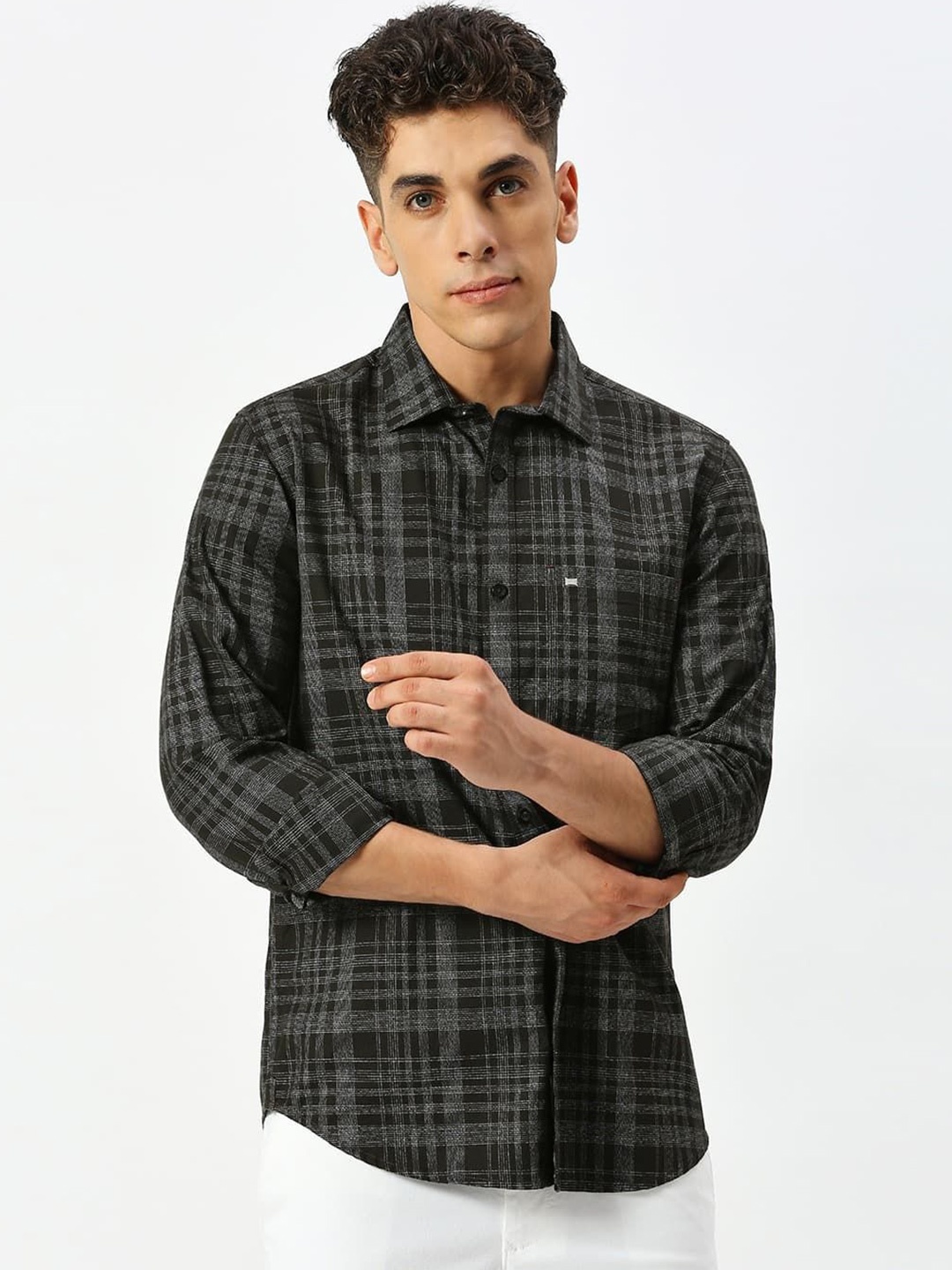 

Basics Men Slim Fit Checked Cotton Casual Shirt, Black