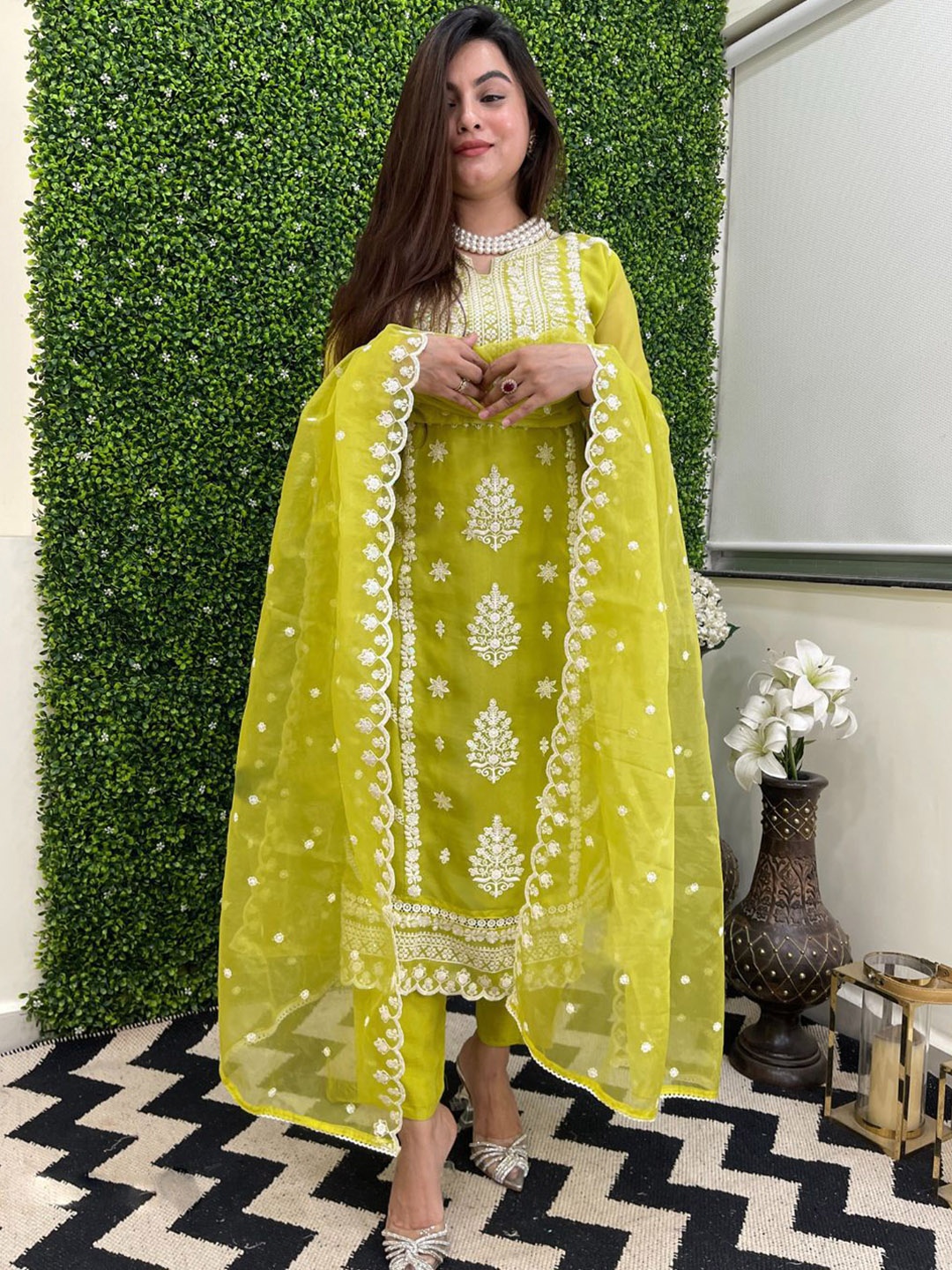 

Anni Designer Green Floral Embroidered Notch Neck Straight Kurta With Trousers & Dupatta