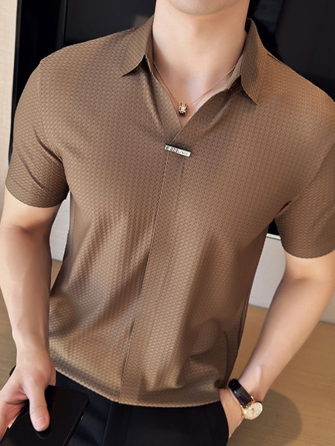 

HERE&NOW Men Polo Collar Self Design Casual T-shirt, Brown
