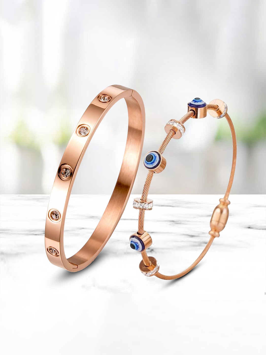 

MEENAZ Set Of 2 Rose Gold-Plated AD Stainless Steel Kada Bracelet