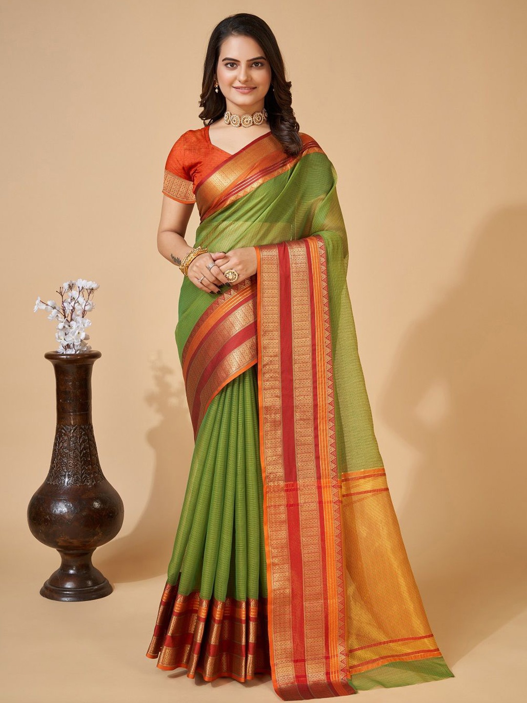 

SHOBHA SAREES Woven Design Zari Silk Cotton Kota Saree, Green