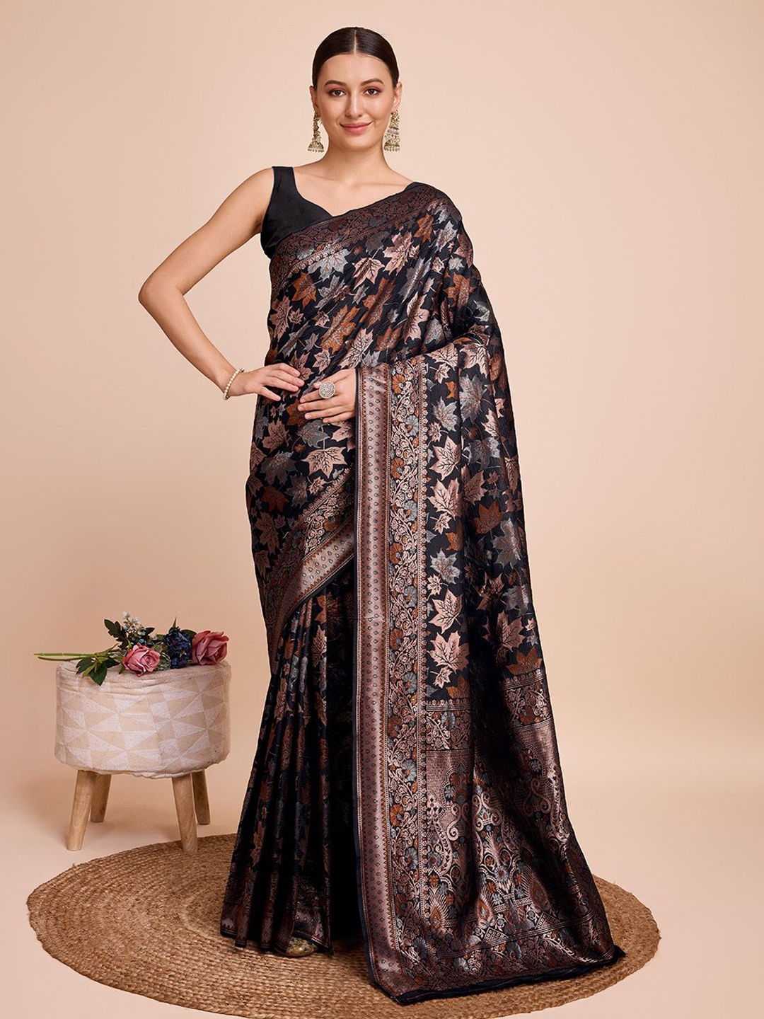 

SHOBHA SAREES Floral Zari Pure Silk Saree, Black