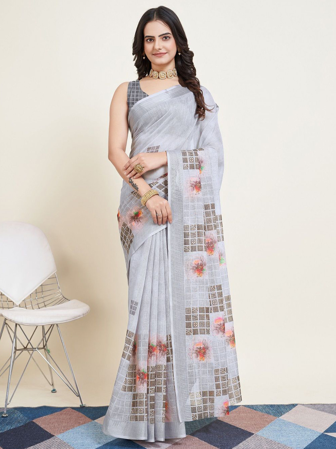 

SHOBHA SAREES Floral Silk Cotton Saree, Grey