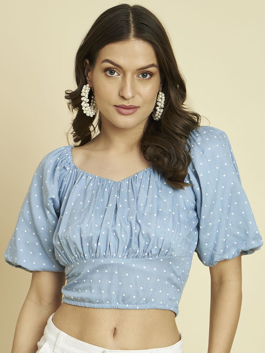 

BAESD Polka Dot Print Sweetheart Neck Crop Top, Blue
