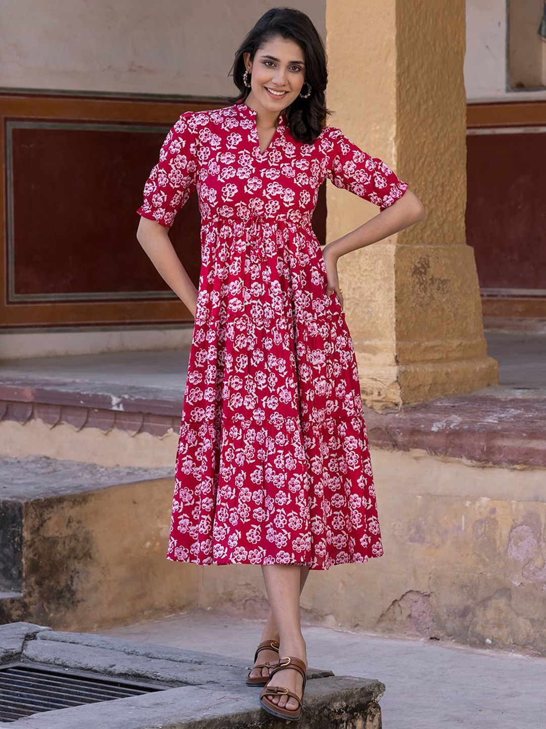 

BAESD Floral Print Puff Sleeve Maxi Dress, Red