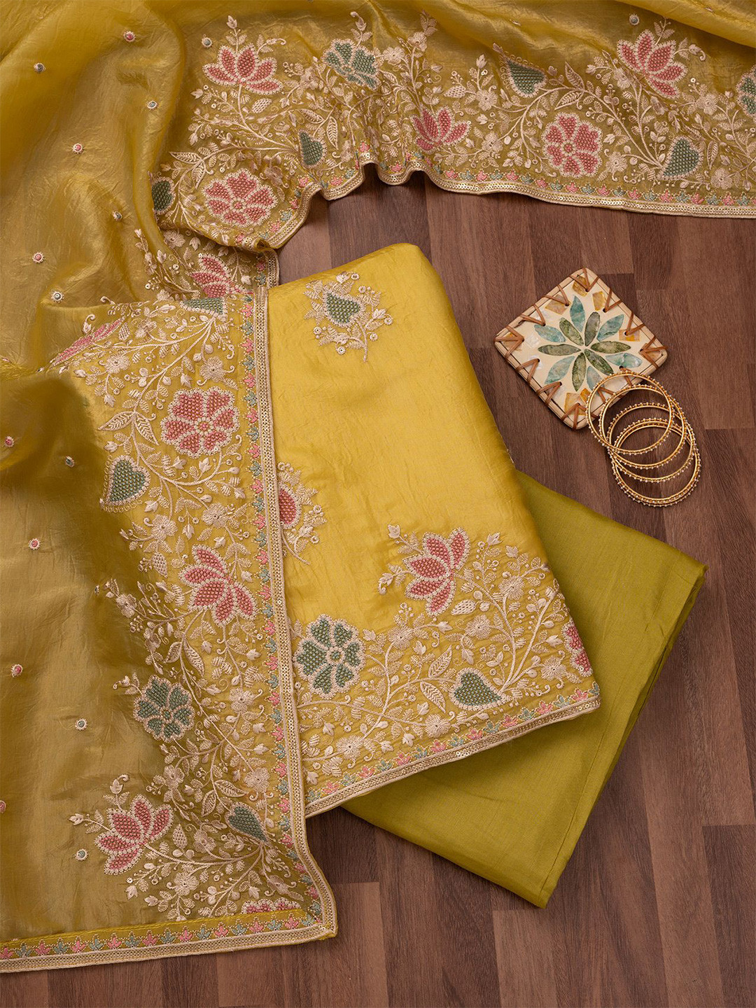

Koskii Floral Embroidered Zari Unstitched Dress Material, Yellow