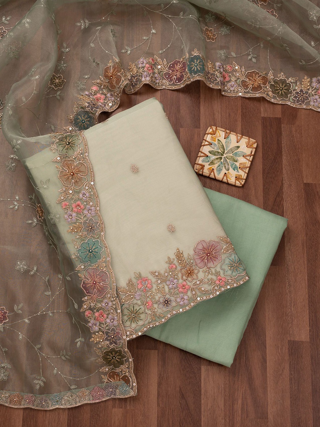 

Koskii Floral Embroidered Sequinned Unstitched Dress Material, Green