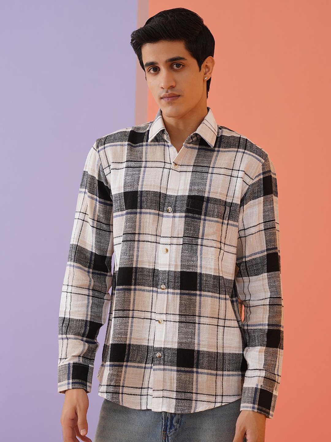 

Indian Needle Men Classic Spread Collar Tartan Checked Cotton Casual Shirt, Cream