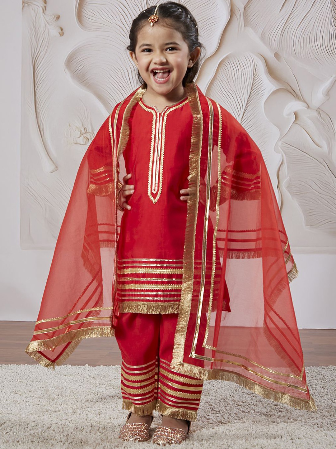 

VASTRAMAY Girls Striped Yoke Design Regular Kurta With Trouser With Dupatta, Red