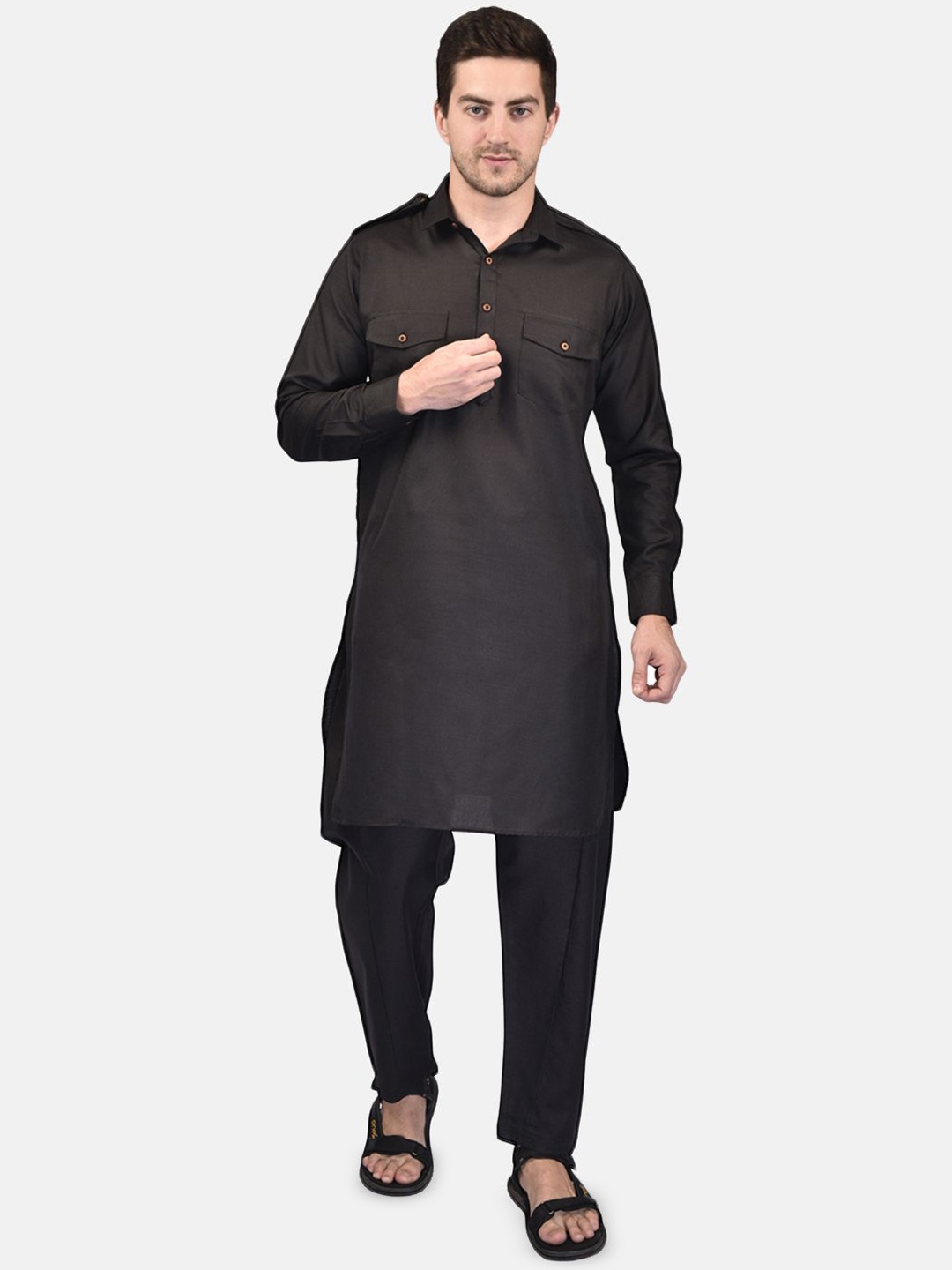 

PRINTINDIA Mandarin Collar Pure Cotton Kurta with Trousers, Black