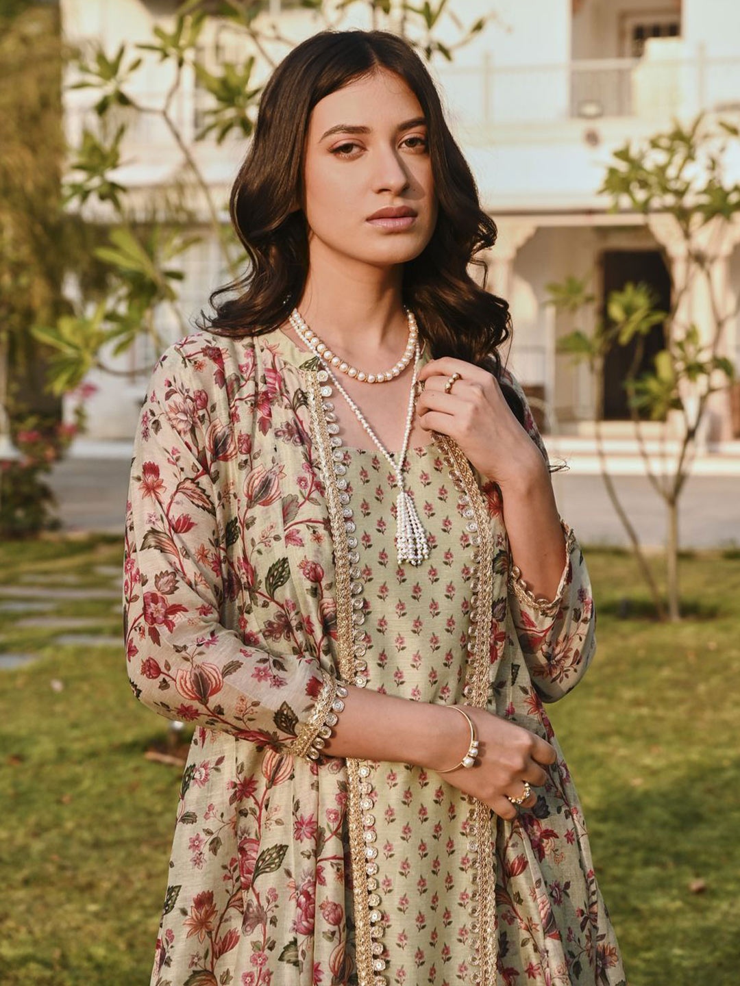 

KARAJ JAIPUR Floral Printed Ethnic Dresses, Cream